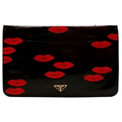 Prada Black Leather Lips Embroidered Pouch 
