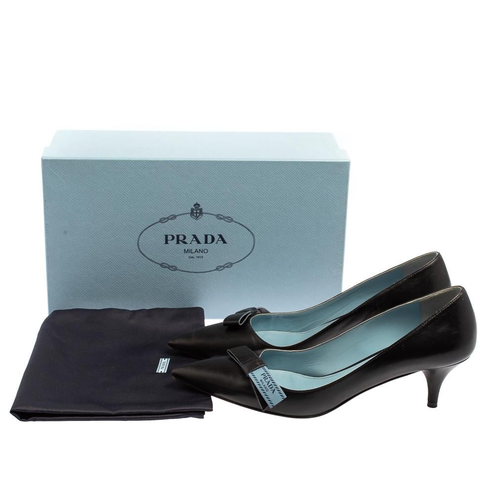 Women's Prada Black Leather Logo Bow Kitten Heel Pumps Size 38