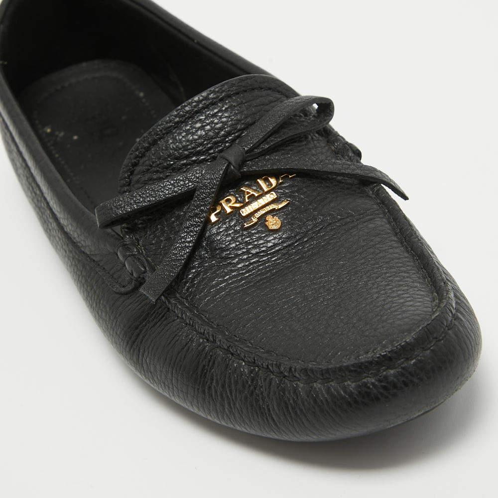 Women's Prada Black Leather Logo Embellished Bow Slip On Loafers Size 38.5 For Sale