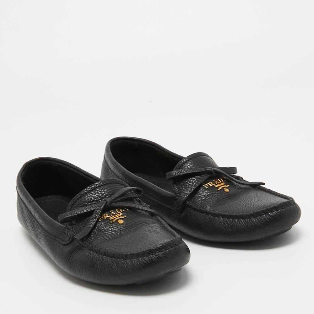 Prada Black Leather Logo Embellished Bow Slip On Loafers Size 38.5 For Sale 1