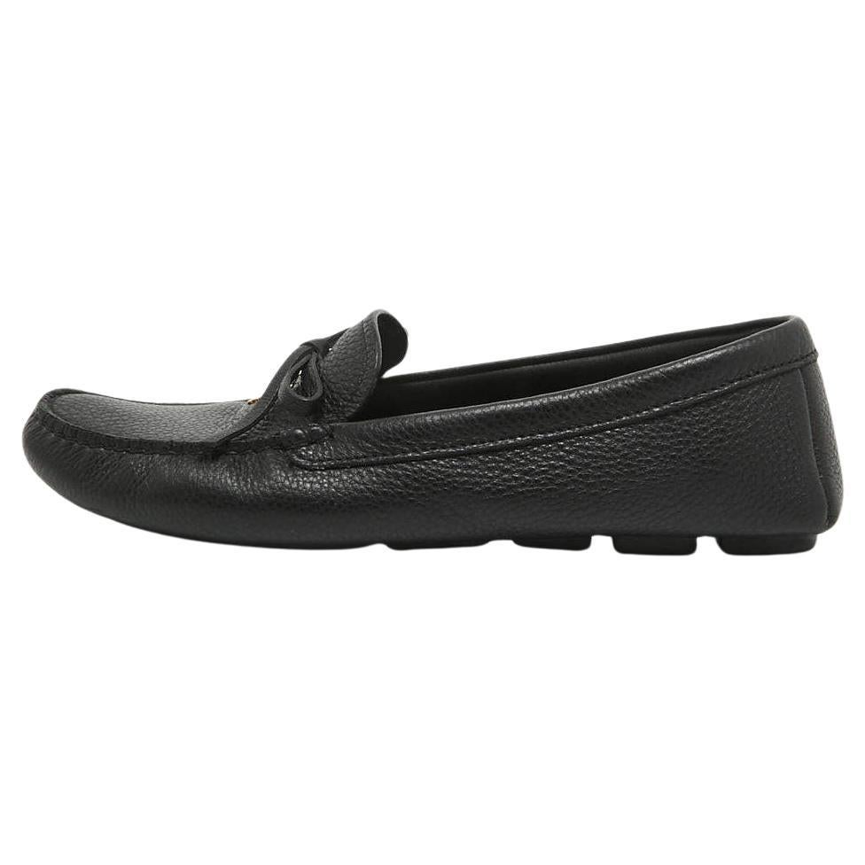Prada Leather Black Logo Embellished Bow Slip On Loafers Size 38.5