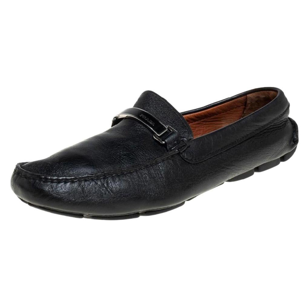 Prada Black Leather Logo Embellished Loafers Size 41 For Sale