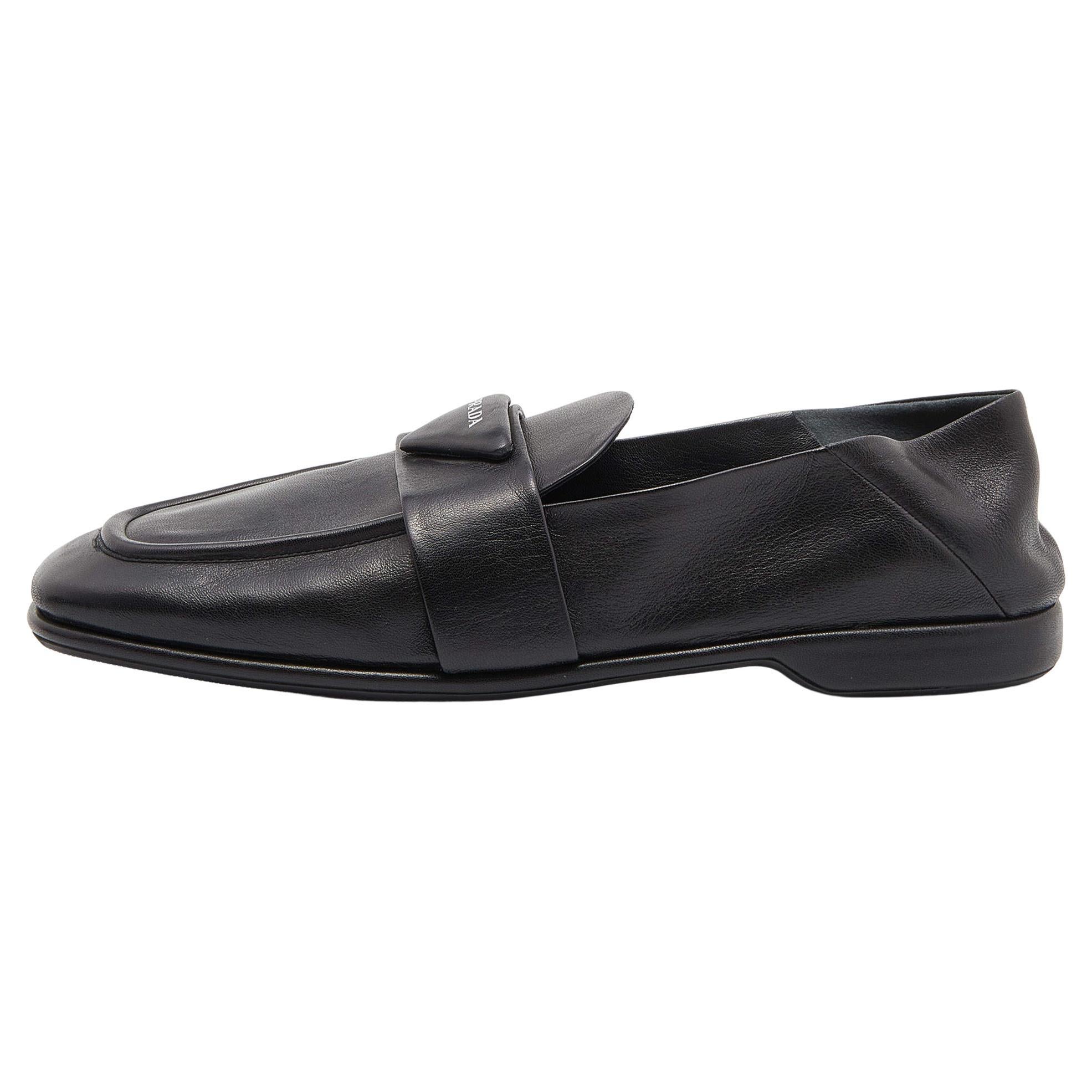 Prada Black Leather Logo Loafers Size 40