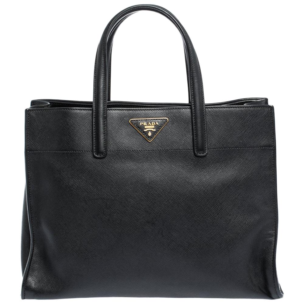 Prada Black Leather Logo Plaque Tote