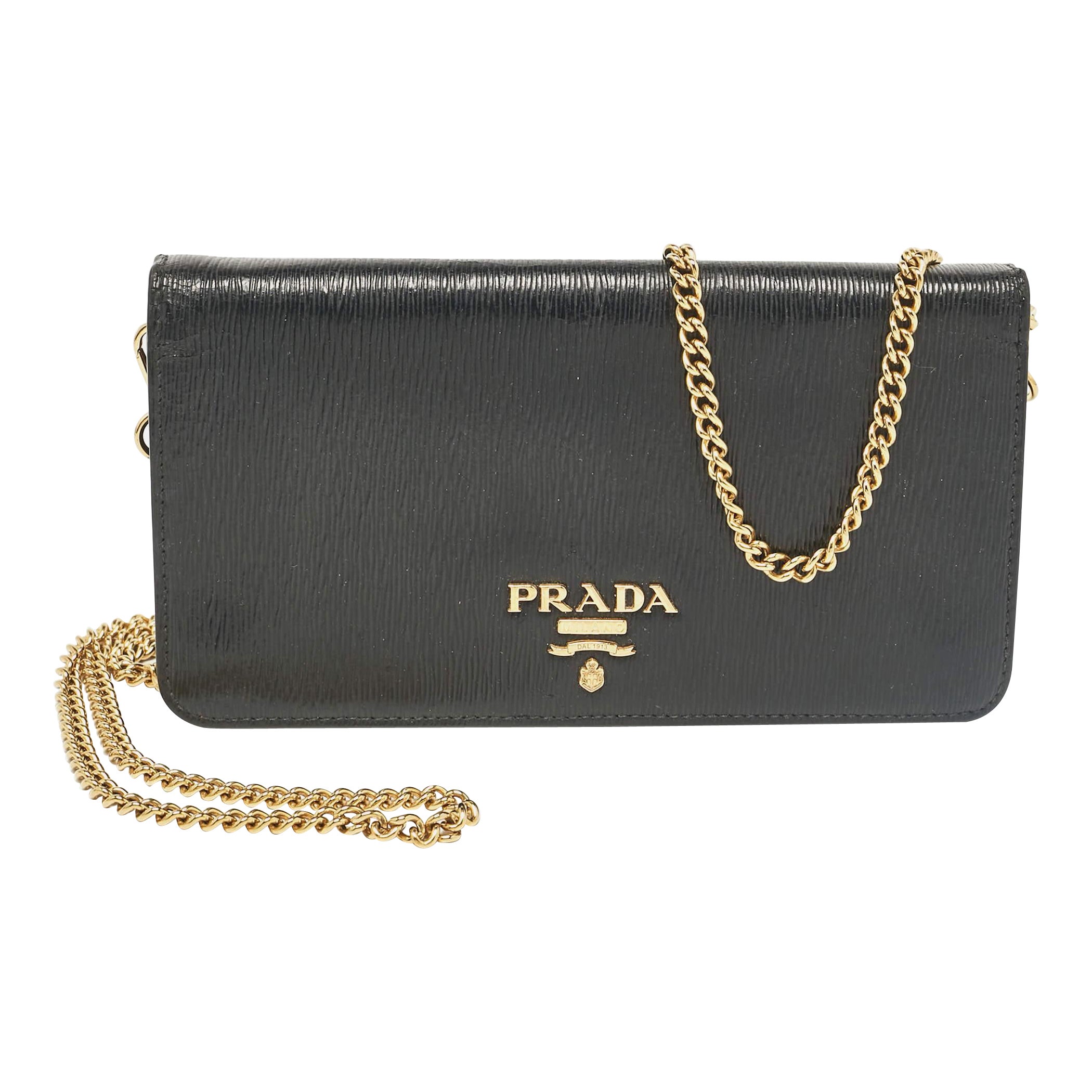 Prada Black Leather Logo Wallet On Chain