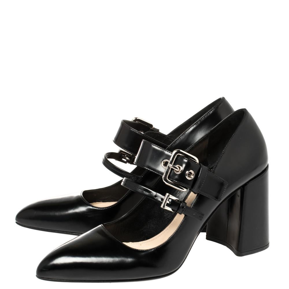 Women's Prada Black Leather Mary Jane Oversize Buckle Pointed Toe Pumps Size 39.5
