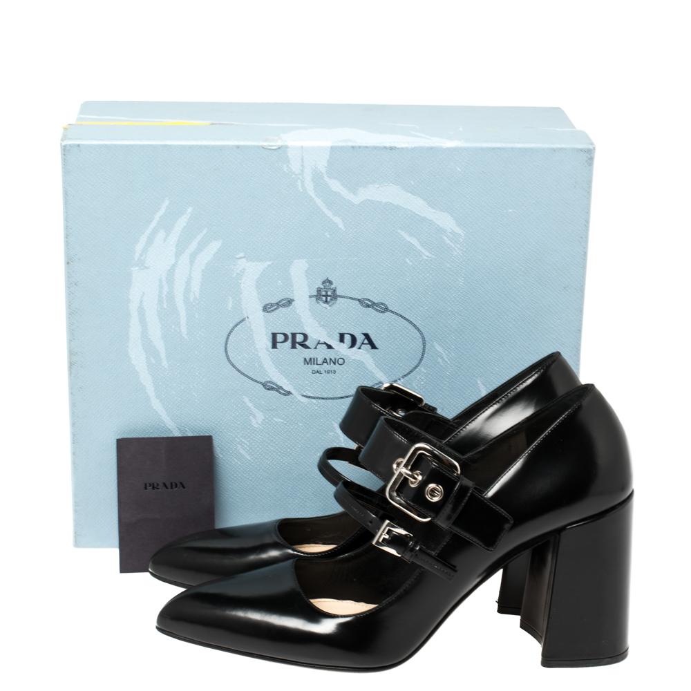 Prada Black Leather Mary Jane Oversize Buckle Pointed Toe Pumps Size 39.5 1