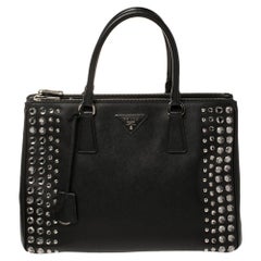 Prada Black Leather Medium Crystal Embellished Double Zip Tote