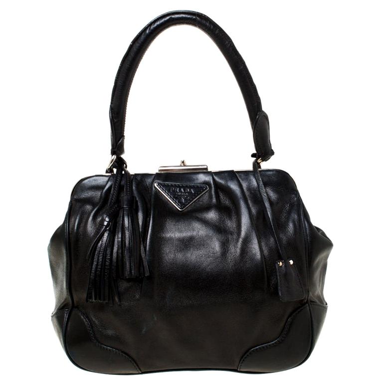 Prada Black Leather Metal Frame Satchel