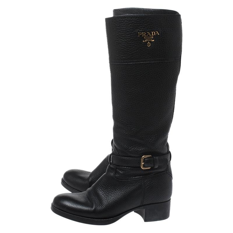 Prada Black Leather Mid Calf Boots Size 38.5 2