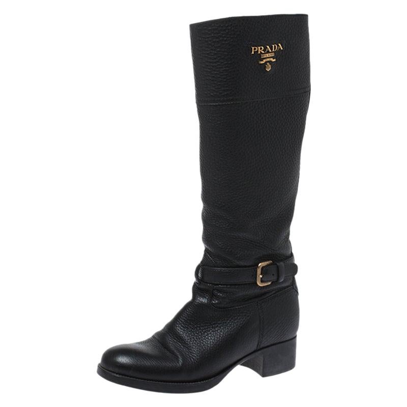 Prada Black Leather Mid Calf Boots Size 38.5