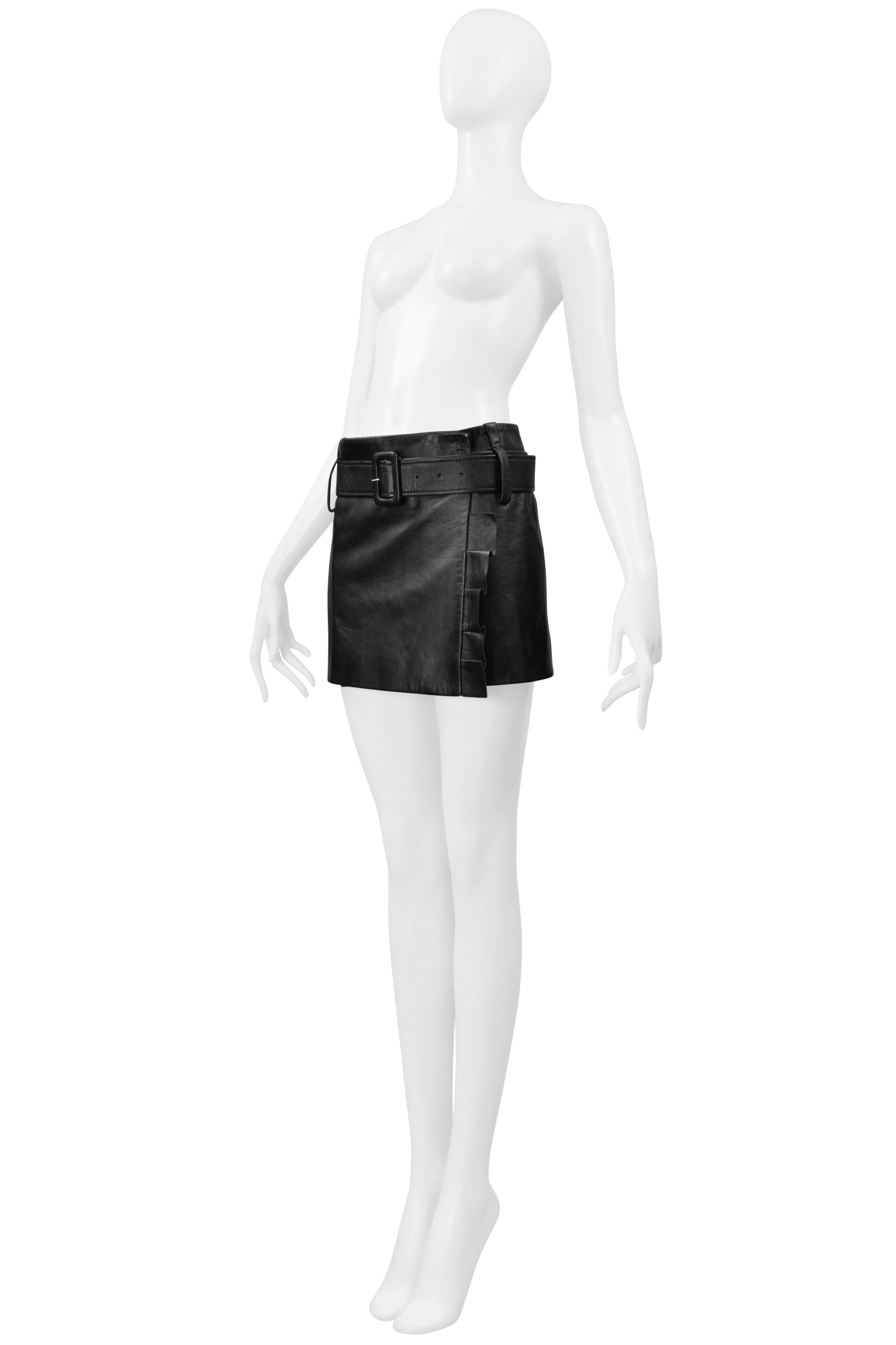 Women's Prada Black Leather Mod Mini Skirt With Pleated Ruffles & Belt For Sale