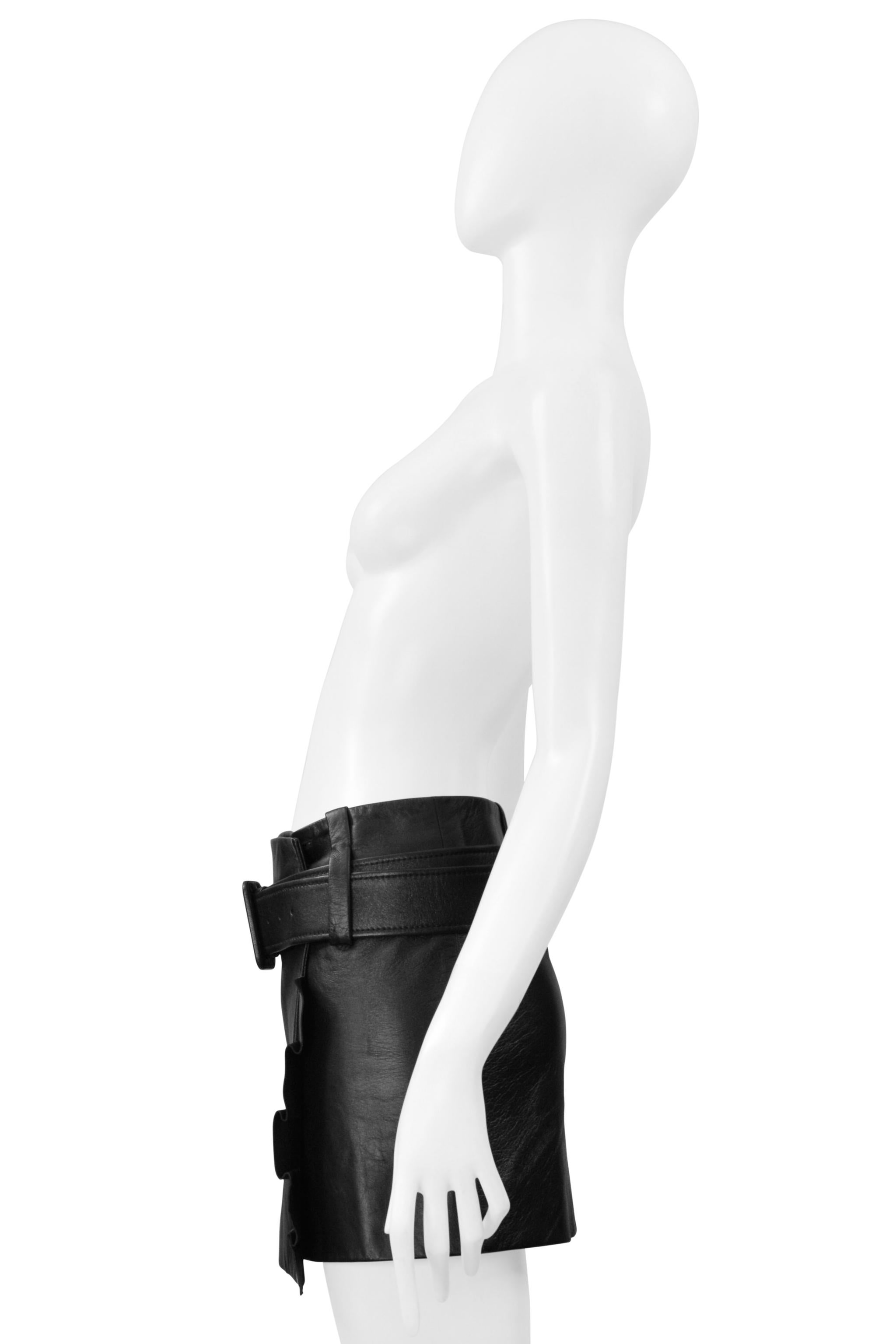 Prada Black Leather Mod Mini Skirt With Pleated Ruffles & Belt For Sale 1