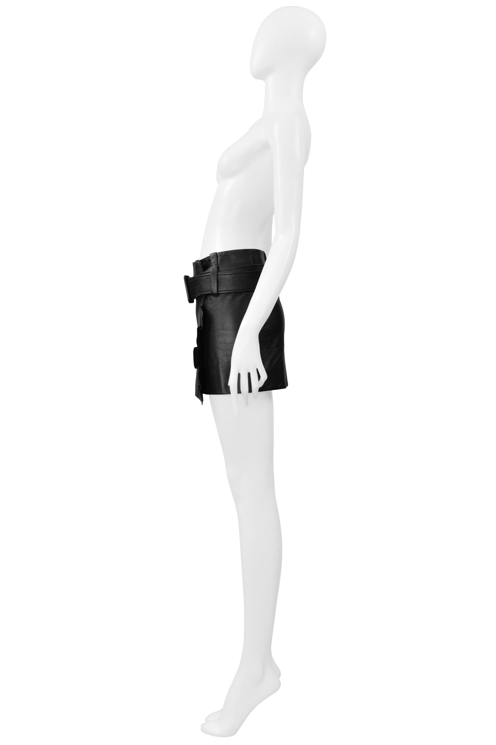 Prada Black Leather Mod Mini Skirt With Pleated Ruffles & Belt For Sale 2