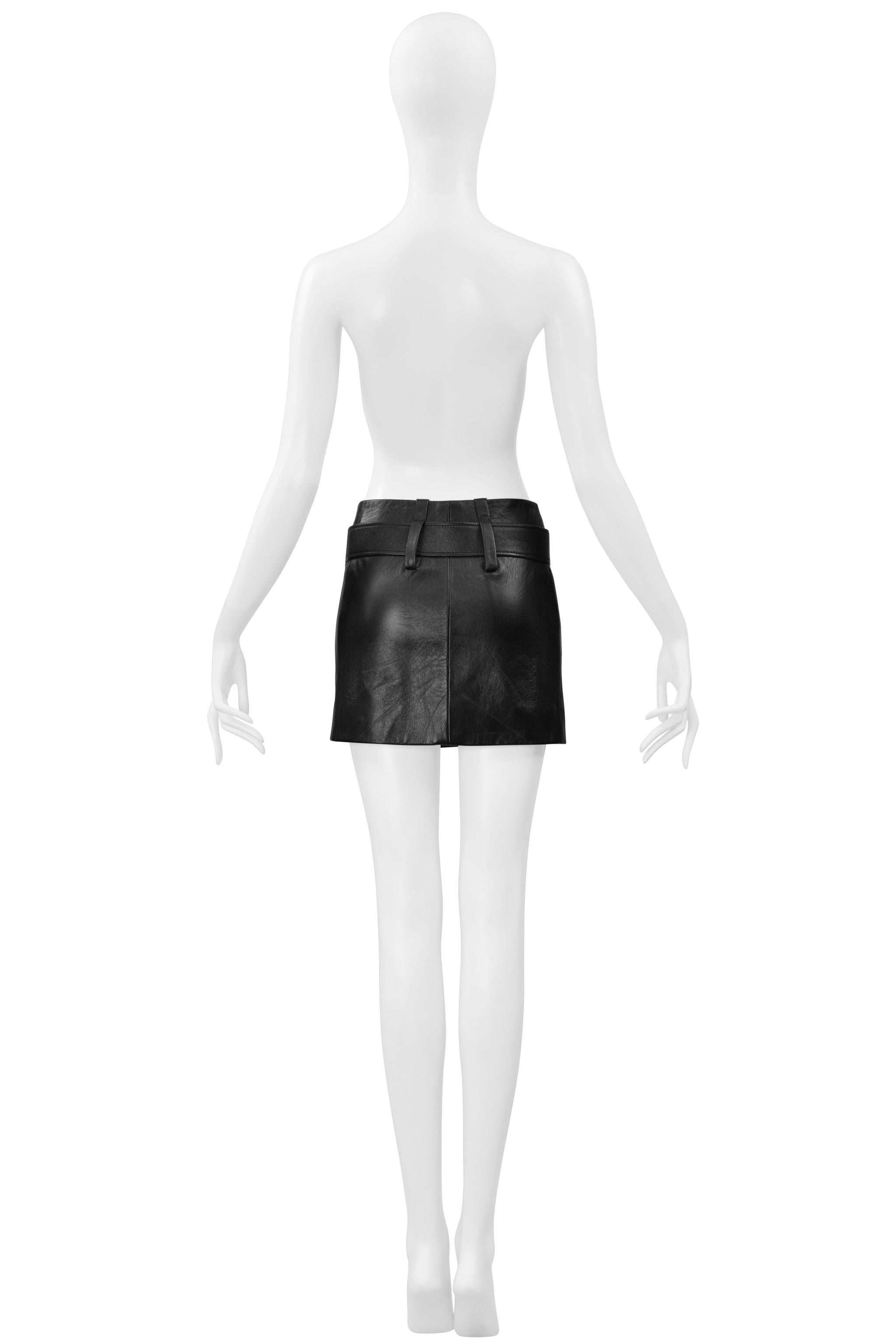 Prada Black Leather Mod Mini Skirt With Pleated Ruffles & Belt For Sale 4