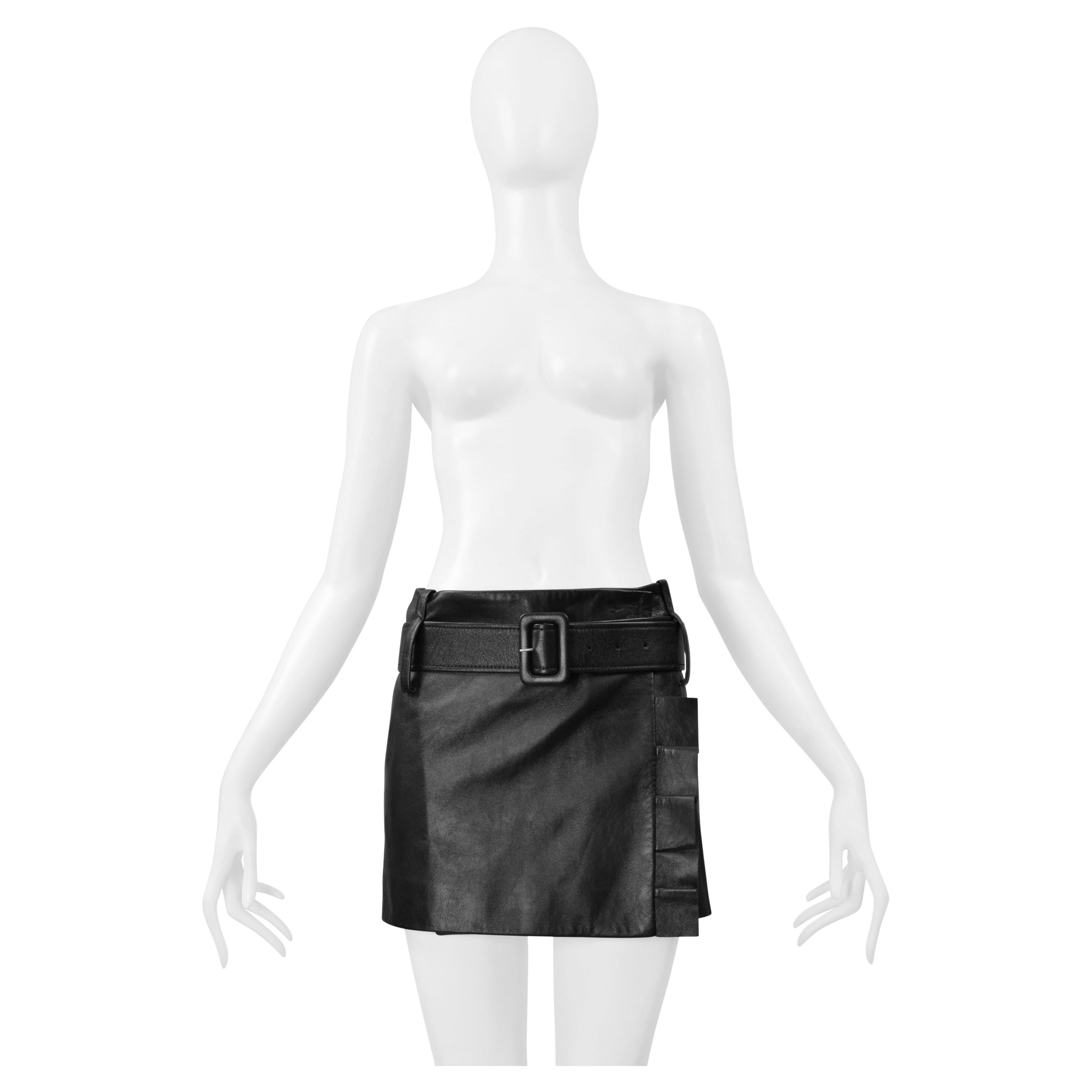 Prada Black Leather Mod Mini Skirt With Pleated Ruffles & Belt For Sale