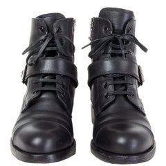 PRADA black leather Monk Strap Lace-up Ankle Boots Shoes 38.5