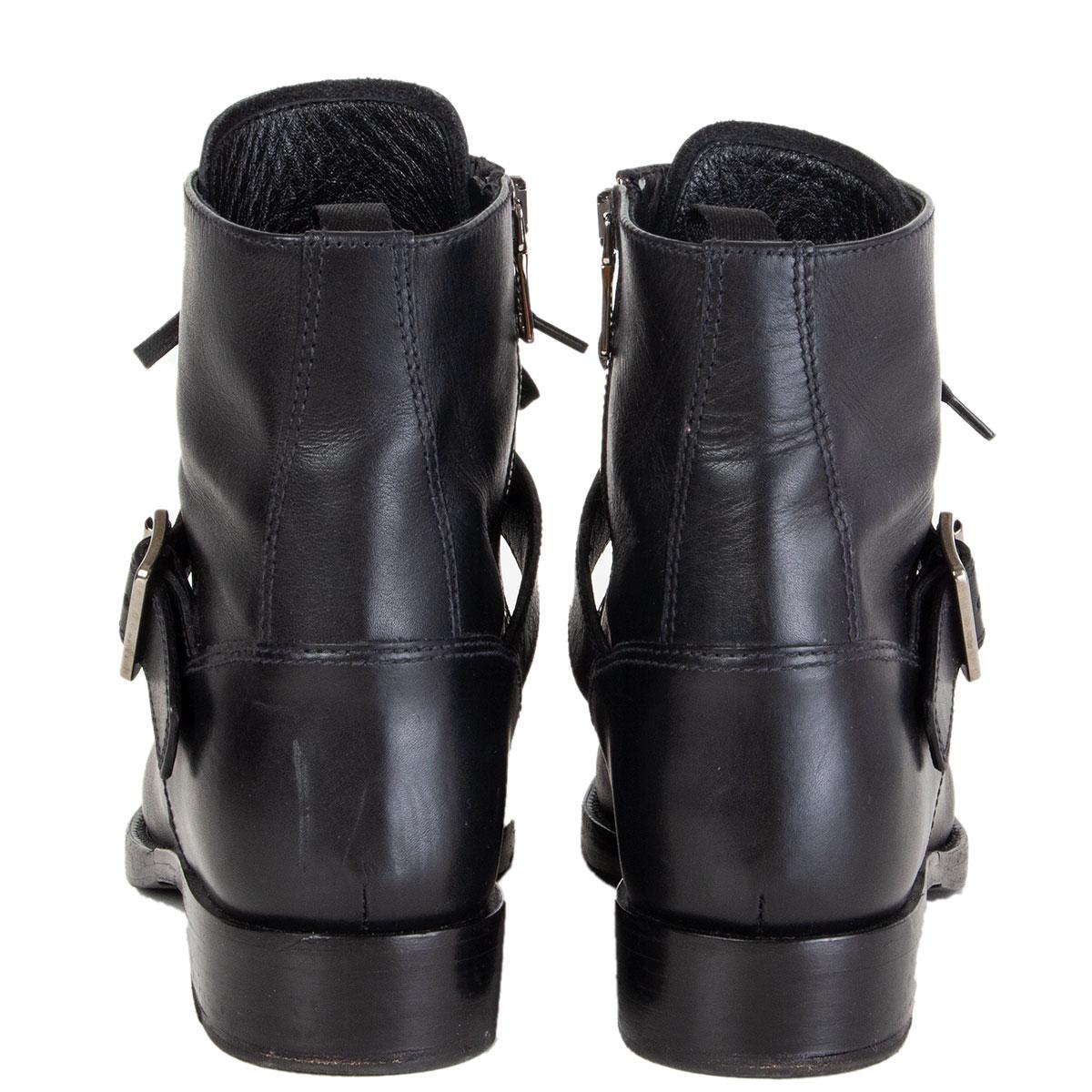 Black PRADA black leather Monk Strap Lace-up Ankle Boots Shoes 38.5 For Sale