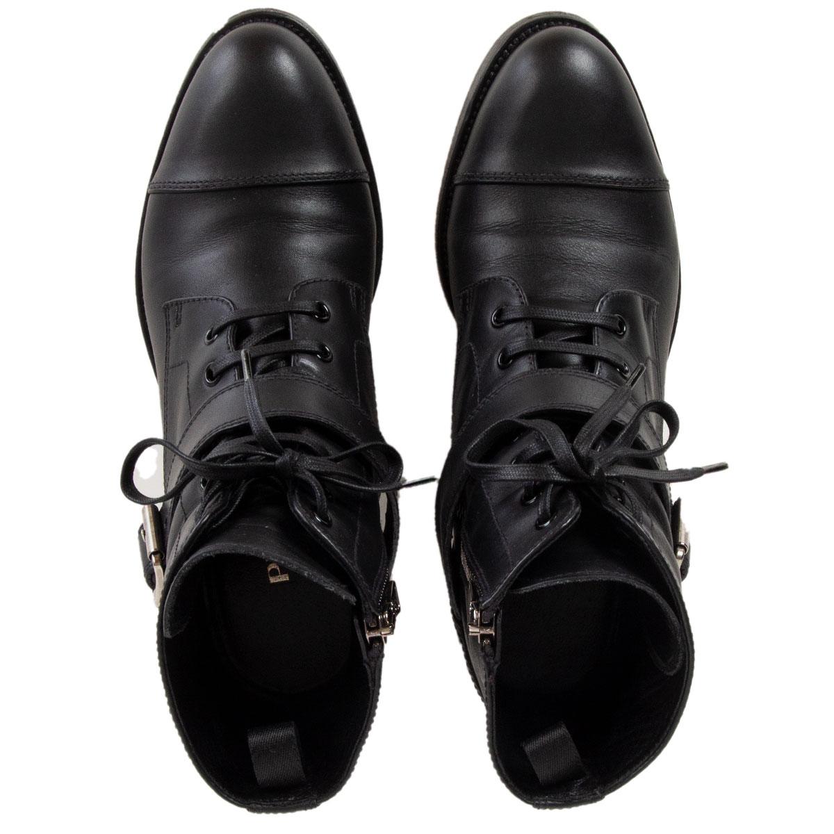 PRADA black leather Monk Strap Lace-up Ankle Boots Shoes 38.5 In Excellent Condition For Sale In Zürich, CH