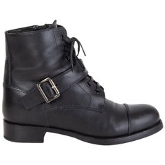 PRADA black leather Monk Strap Lace-up Ankle Boots Shoes 38.5