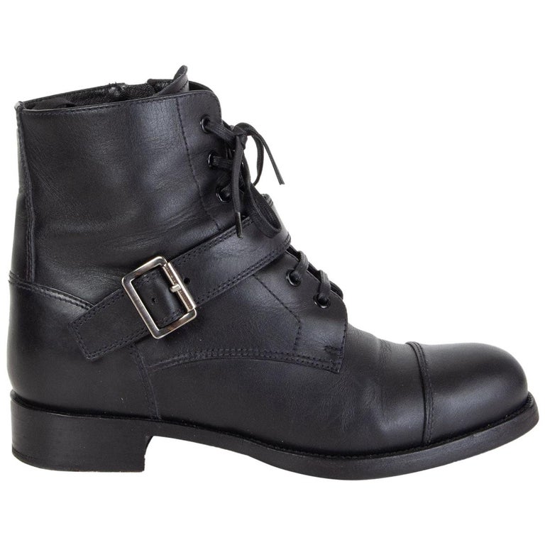 PRADA black leather Monk Strap Lace-up Ankle Boots Shoes 38.5 For Sale at  1stDibs