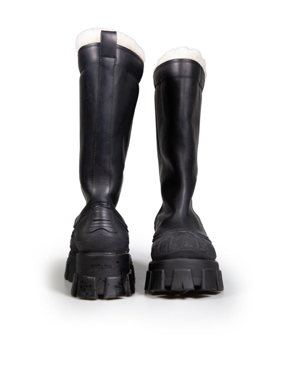 Prada Black Leather Monolith Shearling Lined Boots Size IT 41 In Excellent Condition In London, GB