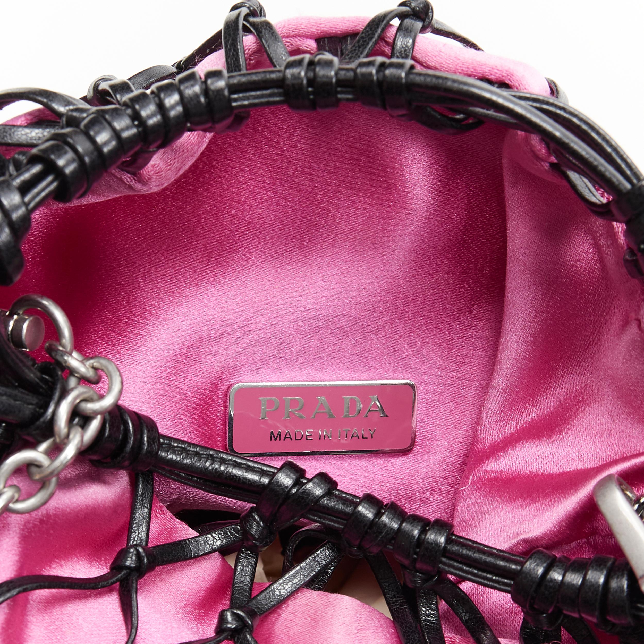 PRADA black leather net woven pink satin triangle logo drawstring crossbody bag 2
