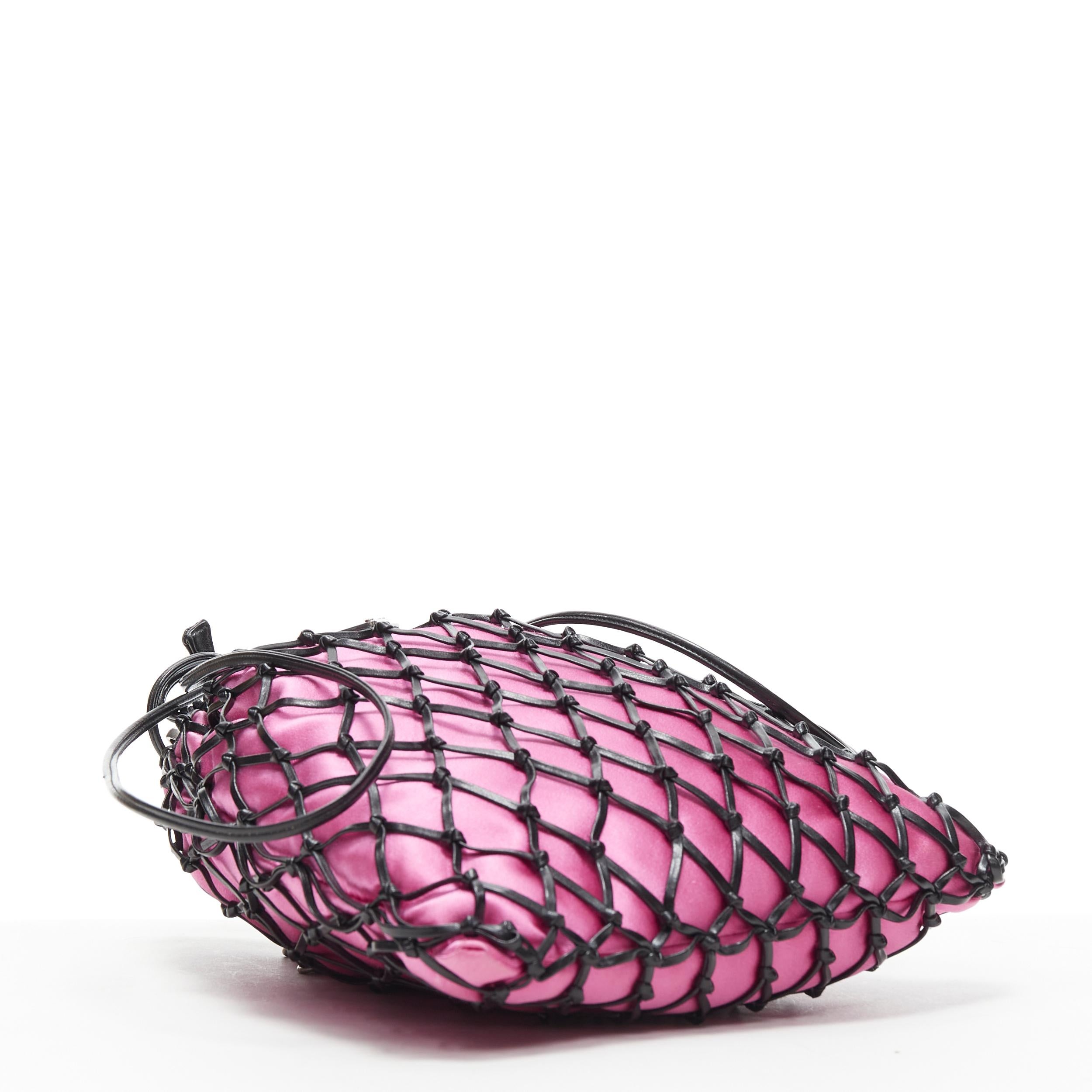Pink PRADA black leather net woven pink satin triangle logo drawstring crossbody bag