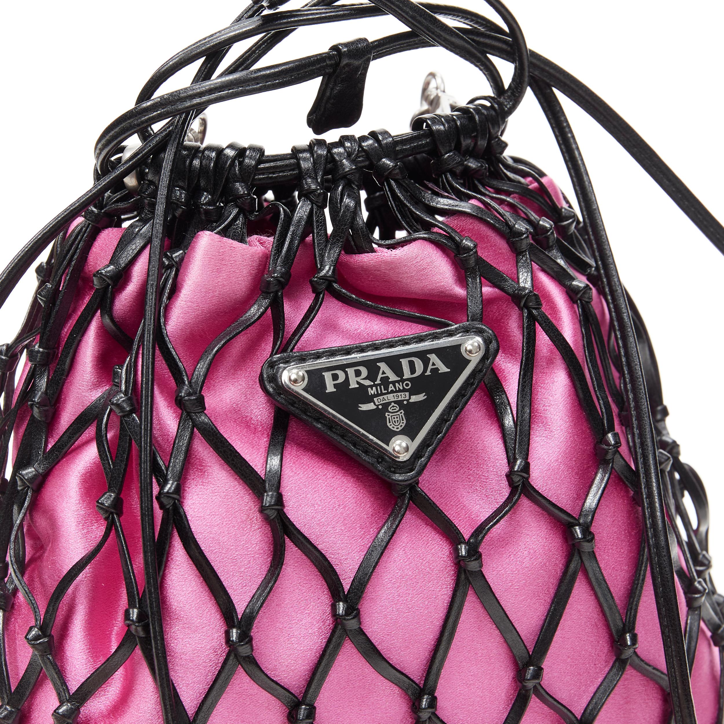 PRADA black leather net woven pink satin triangle logo drawstring crossbody bag In Excellent Condition In Hong Kong, NT