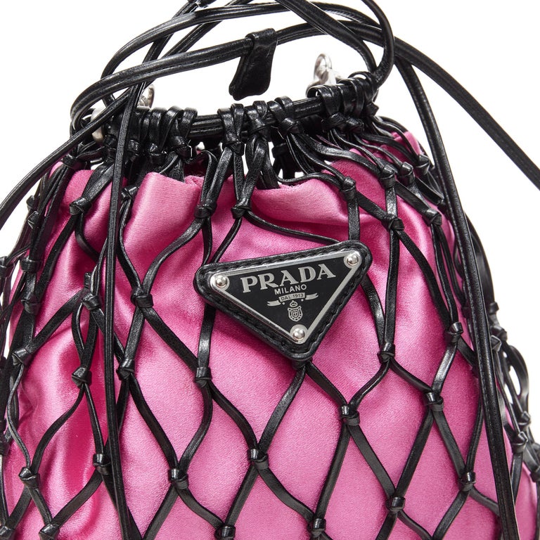 PRADA black leather net woven pink satin triangle logo drawstring crossbody  bag at 1stDibs