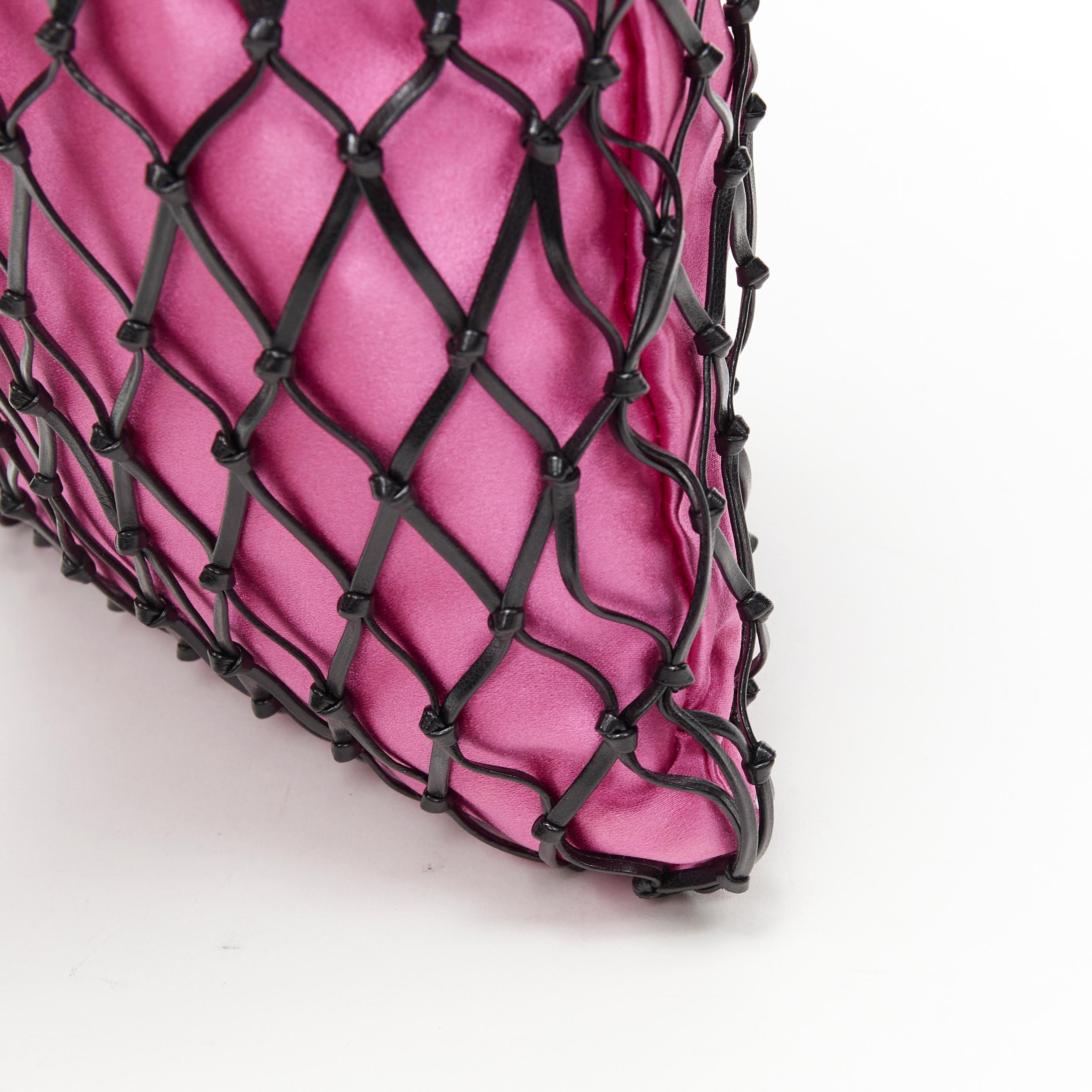 PRADA black leather net woven pink satin triangle logo drawstring crossbody bag 1
