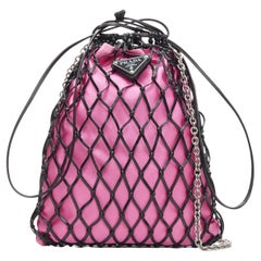 PRADA black leather net woven pink satin triangle logo drawstring crossbody bag