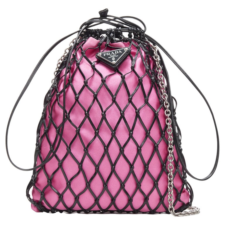 PRADA black leather net woven pink satin triangle logo drawstring