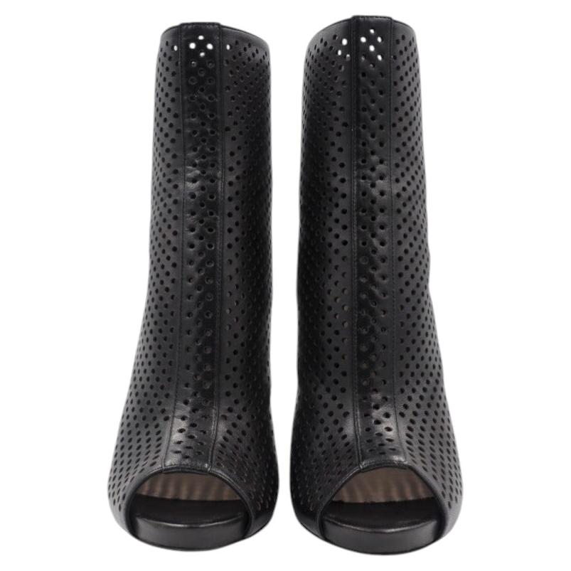 Prada Black Leather Open Toe Eyelet Booties For Sale