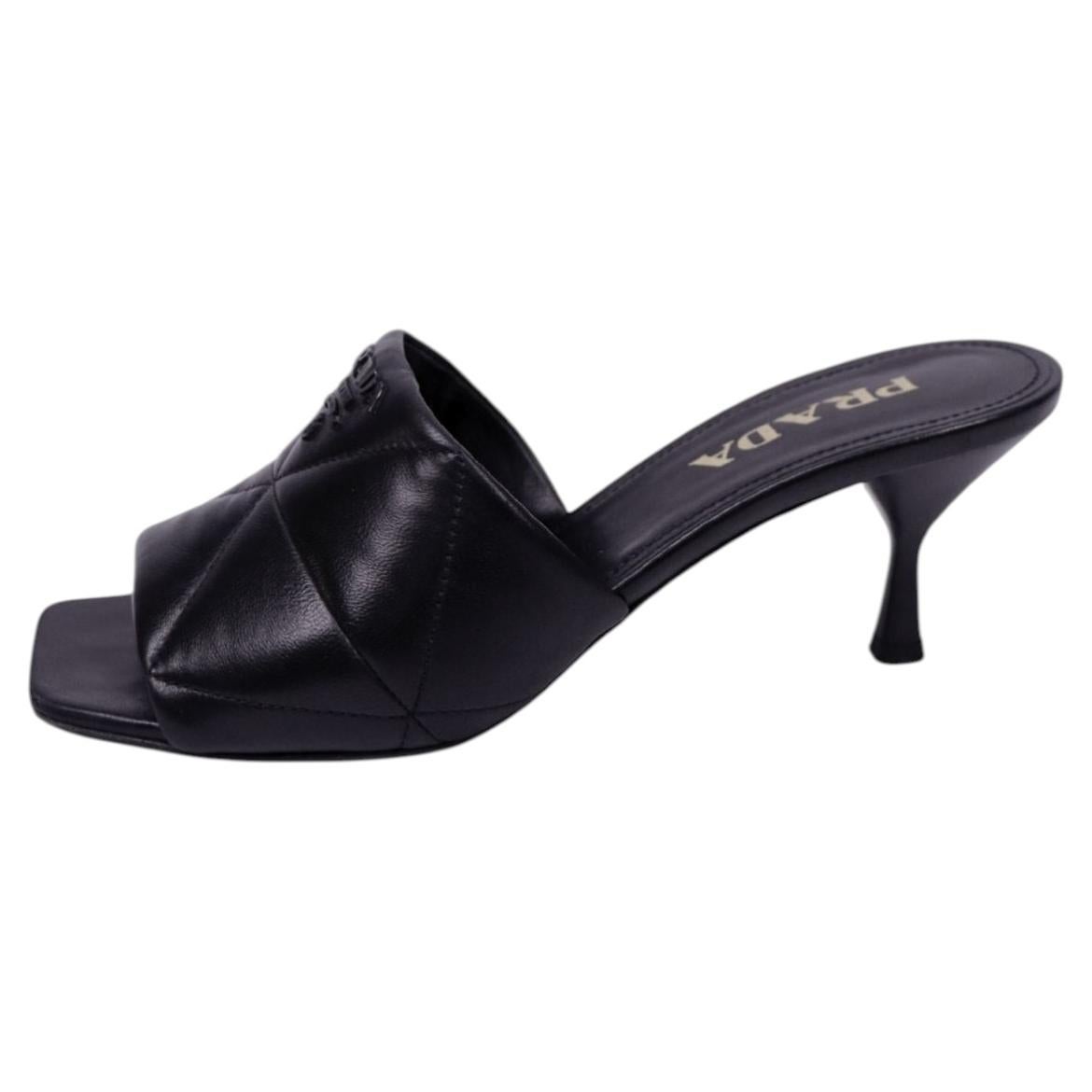 Prada Black Leather Open Toe Heeled Mules - EU 37.5 For Sale at