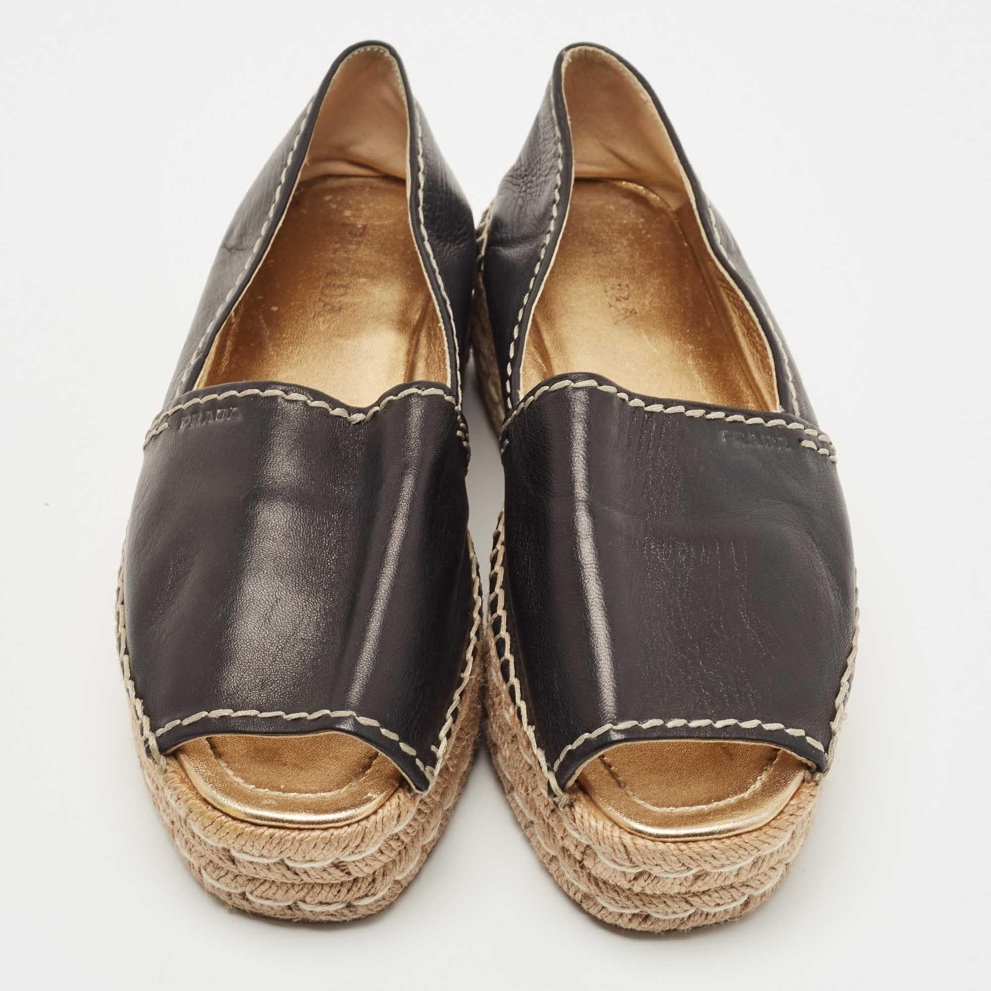Women's Prada Black Leather Peep Toe Platform Espadrille Flats Size 43