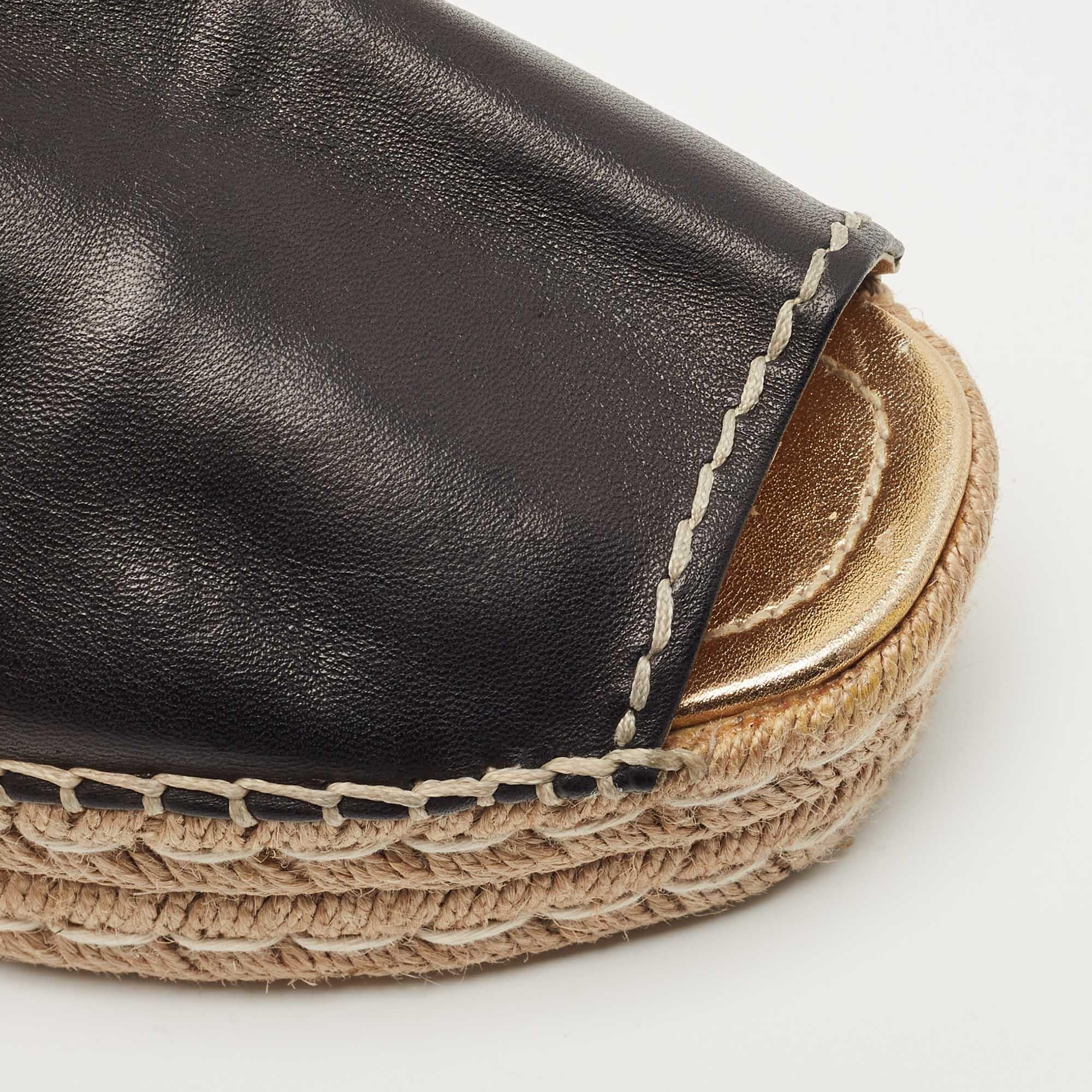 Prada Black Leather Peep Toe Platform Espadrille Flats Size 43 3