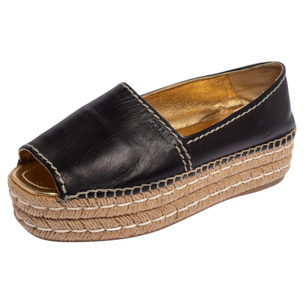 Prada Black Leather Peep Toe Platform Espadrilles Flats Size 39.5 at 1stDibs