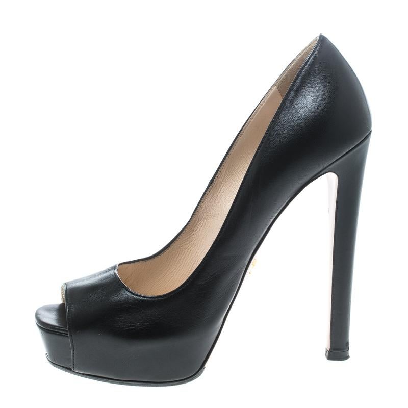 Women's Prada Black Leather Peep Toe Platform Pumps Size 37.5