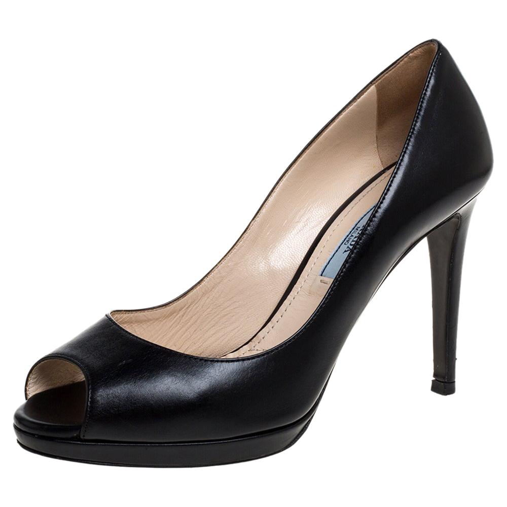 Prada Black Leather Peep Toe Pumps Size 37