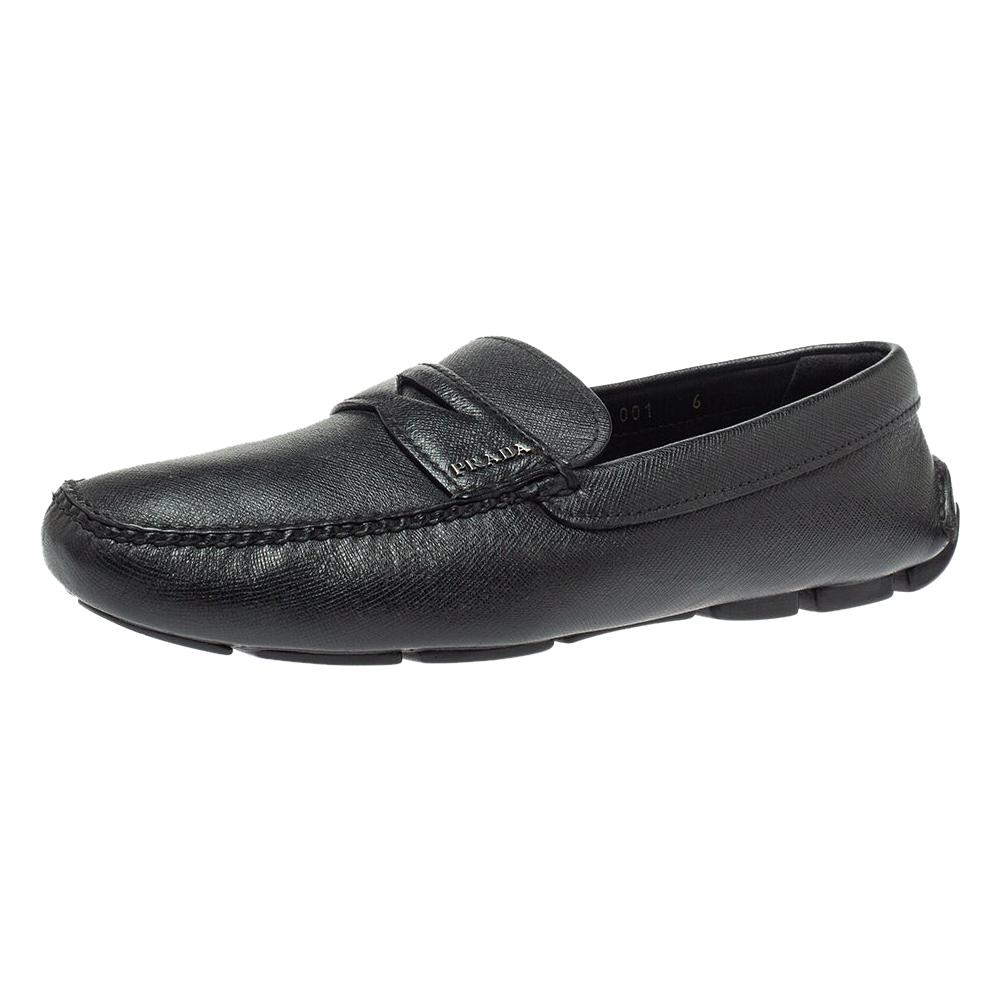 Prada Black Leather Penny Slip On Loafers Size 40 For Sale