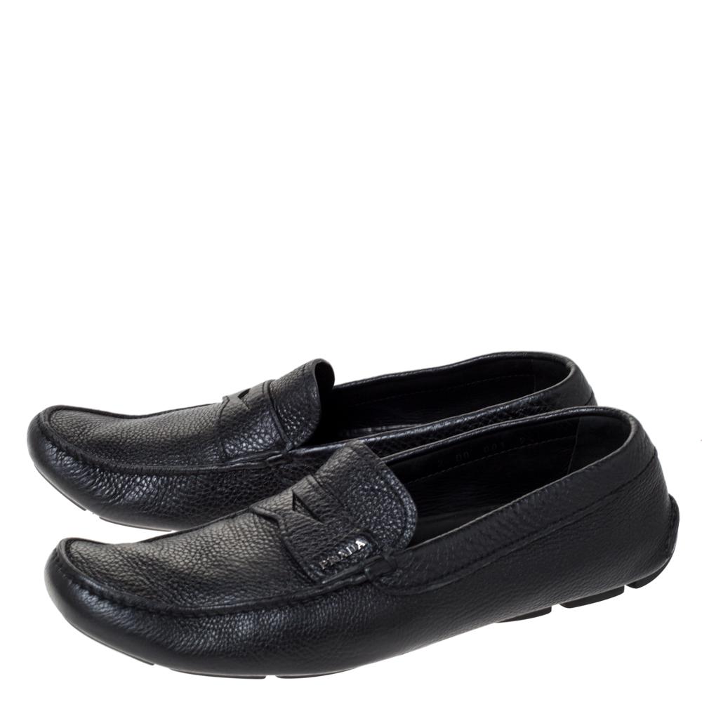 Prada Black Leather Penny Slip On Loafers Size 43.5 For Sale 1