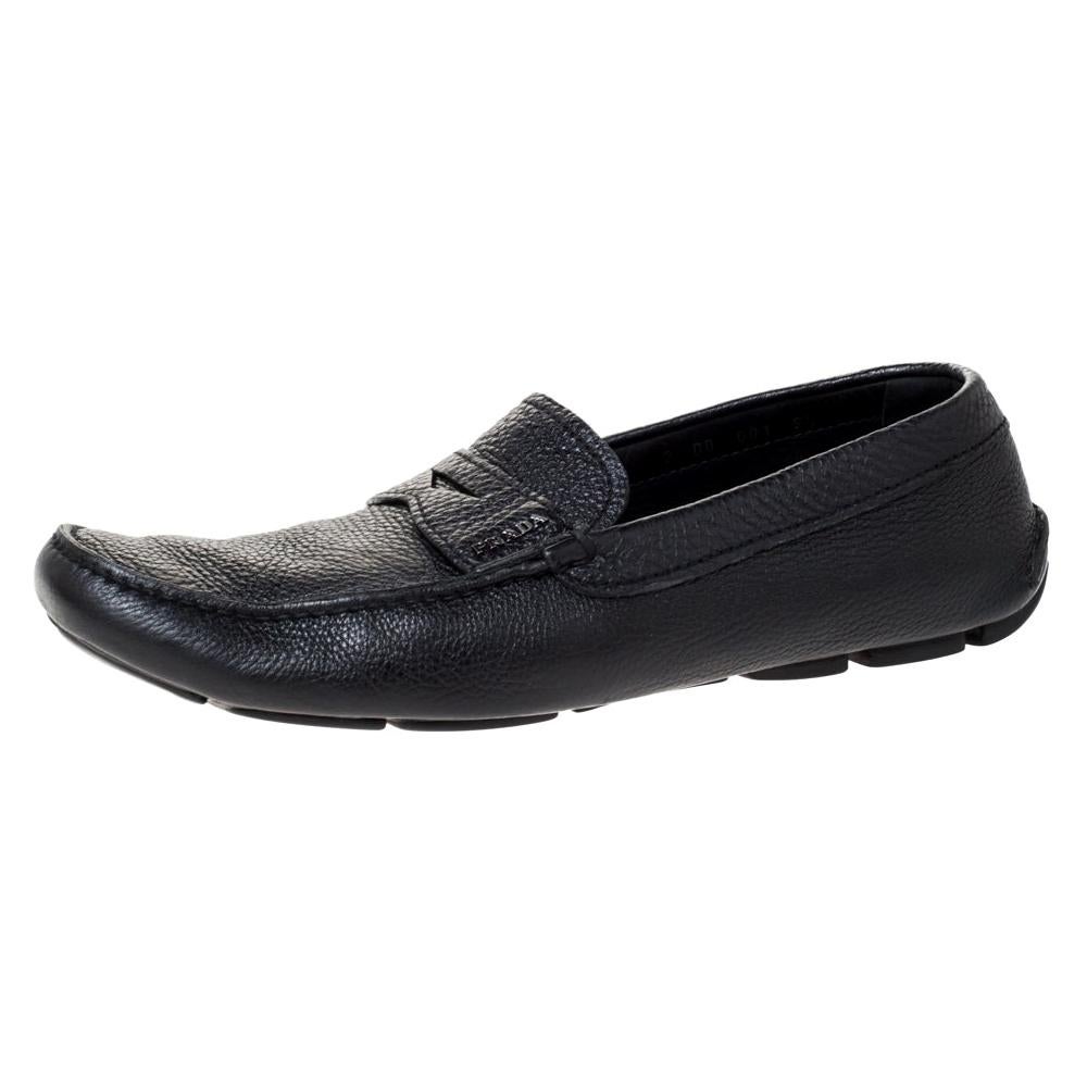 Prada Black Leather Penny Slip On Loafers Size 43.5 For Sale