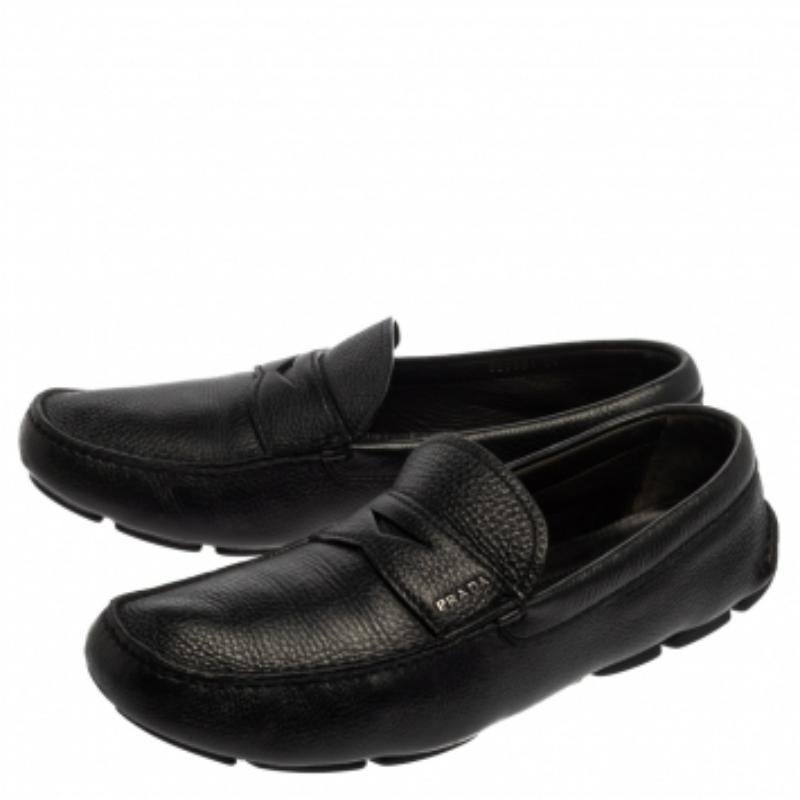 Prada Black Leather Penny Slip On Loafers Size 45 For Sale 1