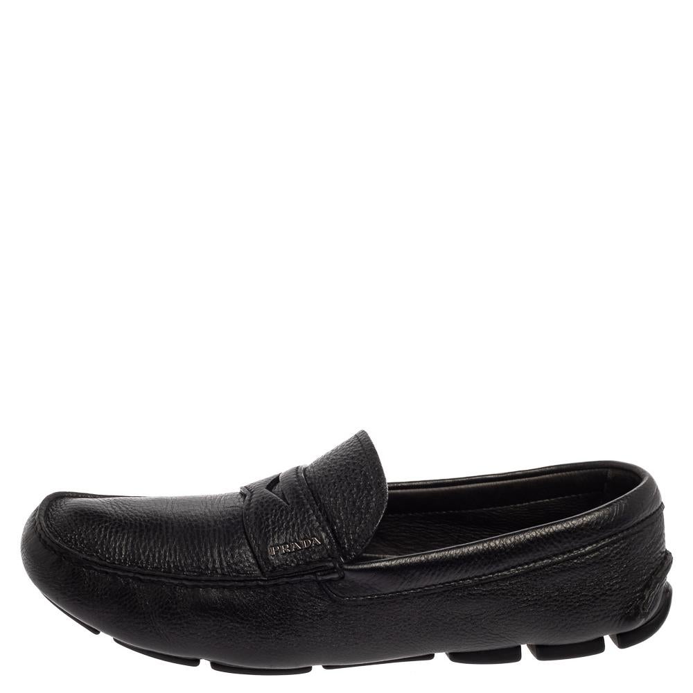 Prada Black Leather Penny Slip On Loafers Size 45 For Sale 1