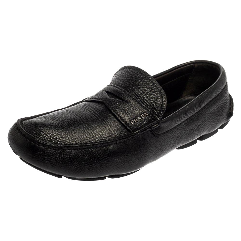 Prada Black Leather Penny Slip On Loafers Size 45 For Sale
