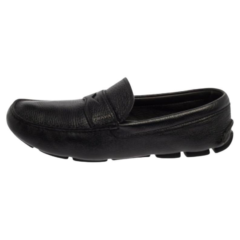 Prada Black Leather Penny Slip On Loafers Size 45 For Sale