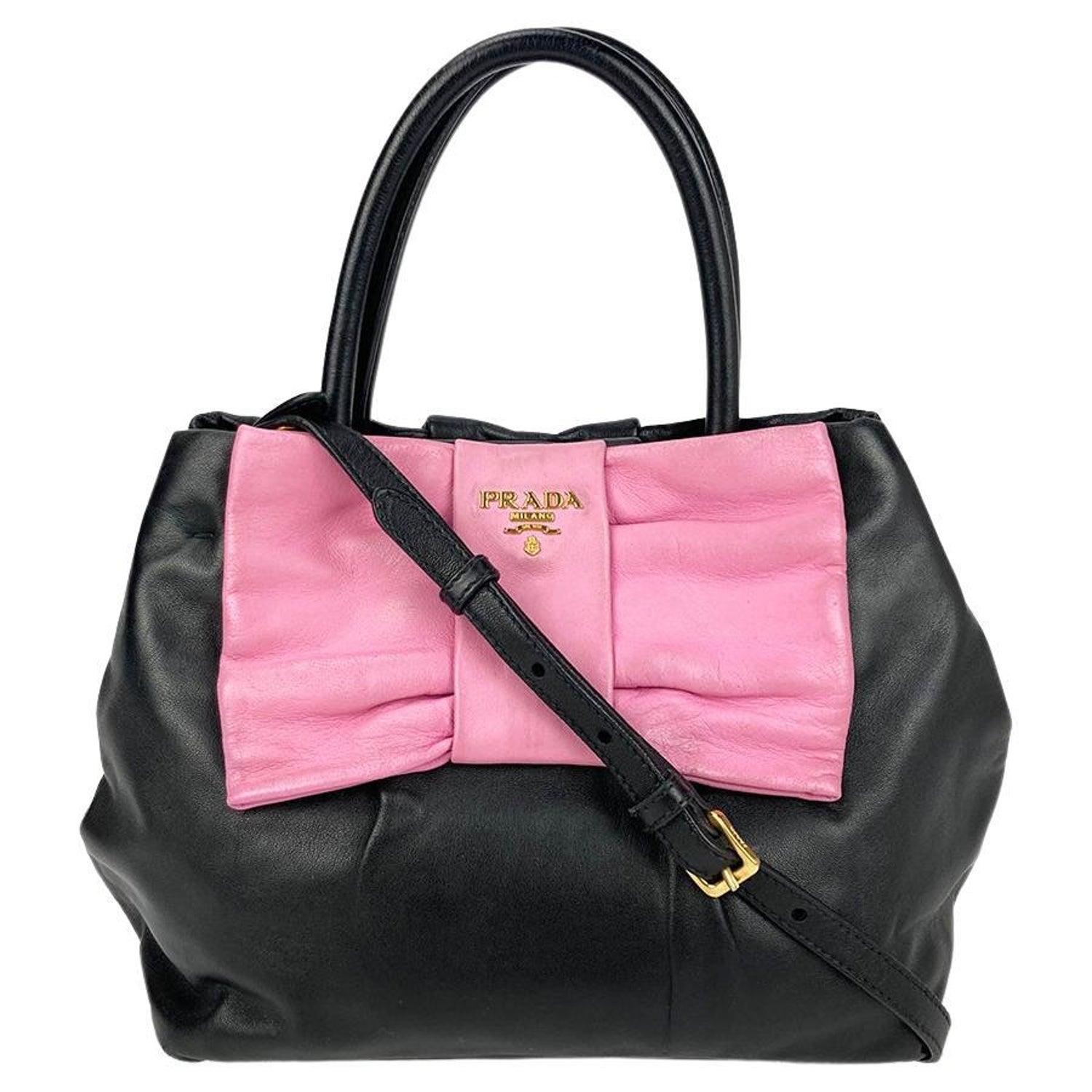 Prada Black Leather Pink Bow Fiocco Bag at 1stDibs