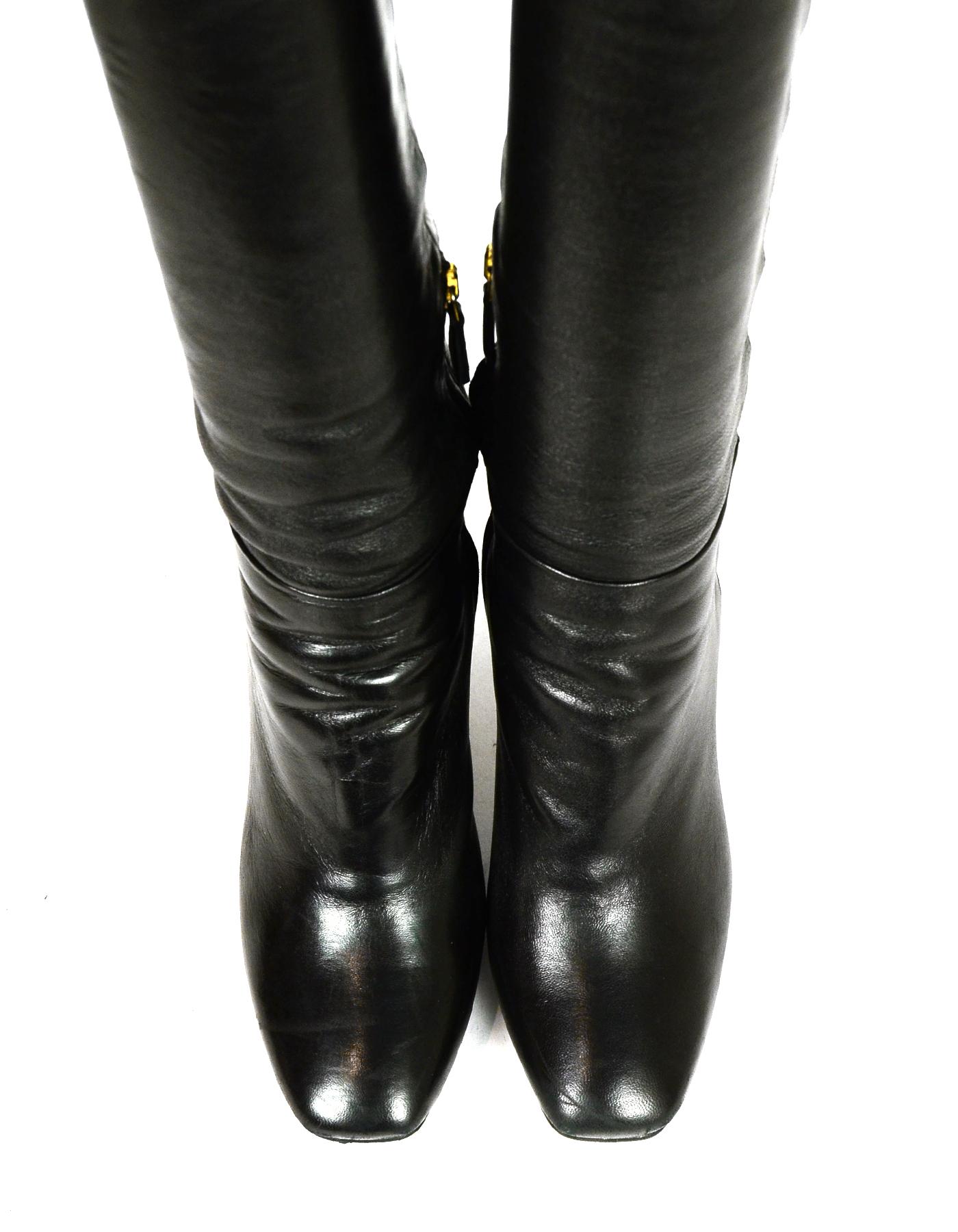 Prada Black Leather Platform Boots w Square Toe sz 37 In Excellent Condition In New York, NY