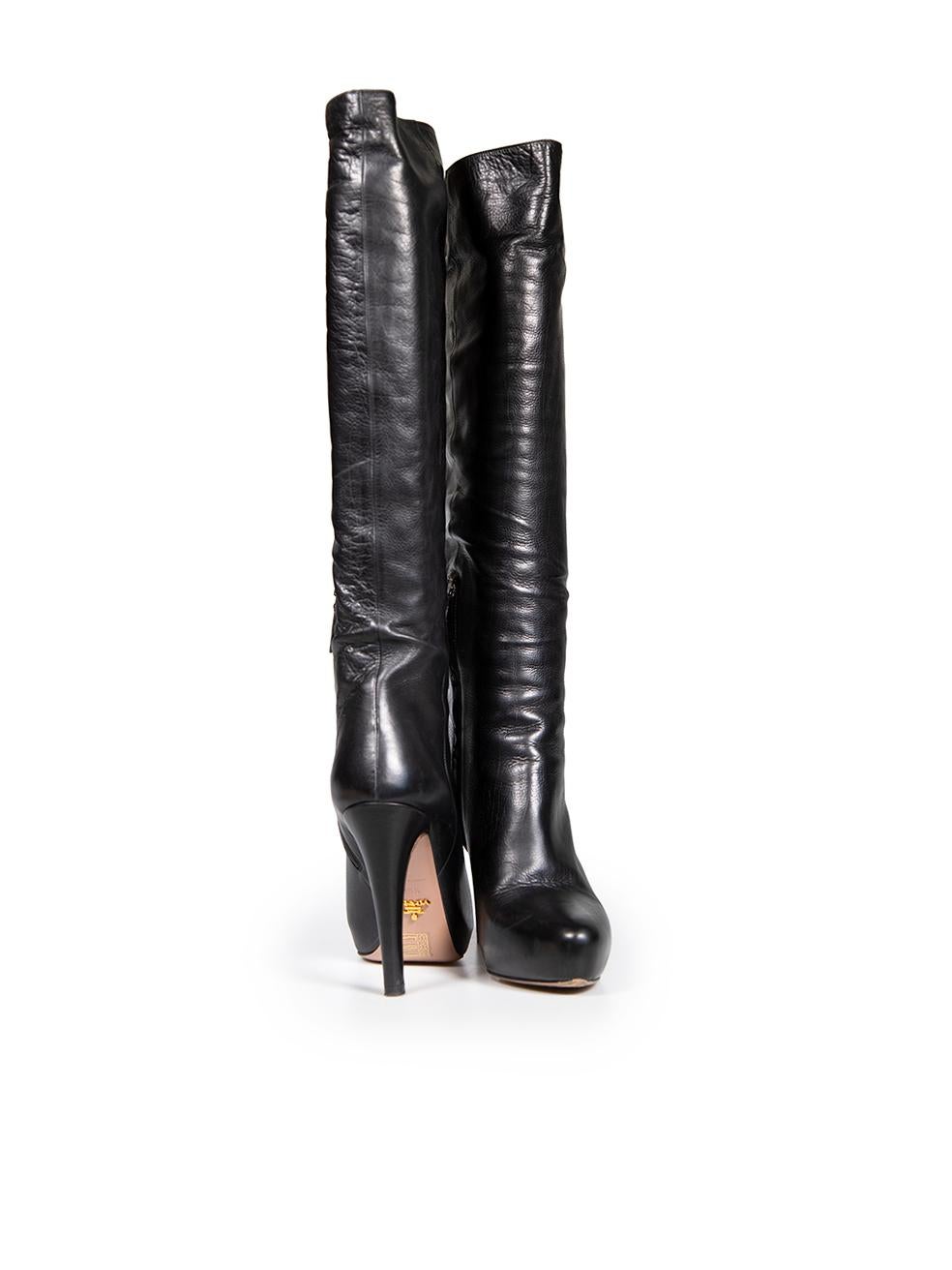 Prada Black Leather Platform Knee Length Boots Size IT 39.5 In Good Condition For Sale In London, GB